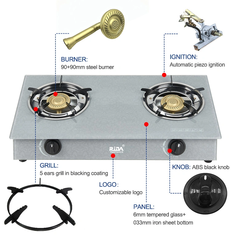 90*90mm Steel Burner Tempered Glass Panel China Factory Pirce Kitchen Appliance Gas Stove